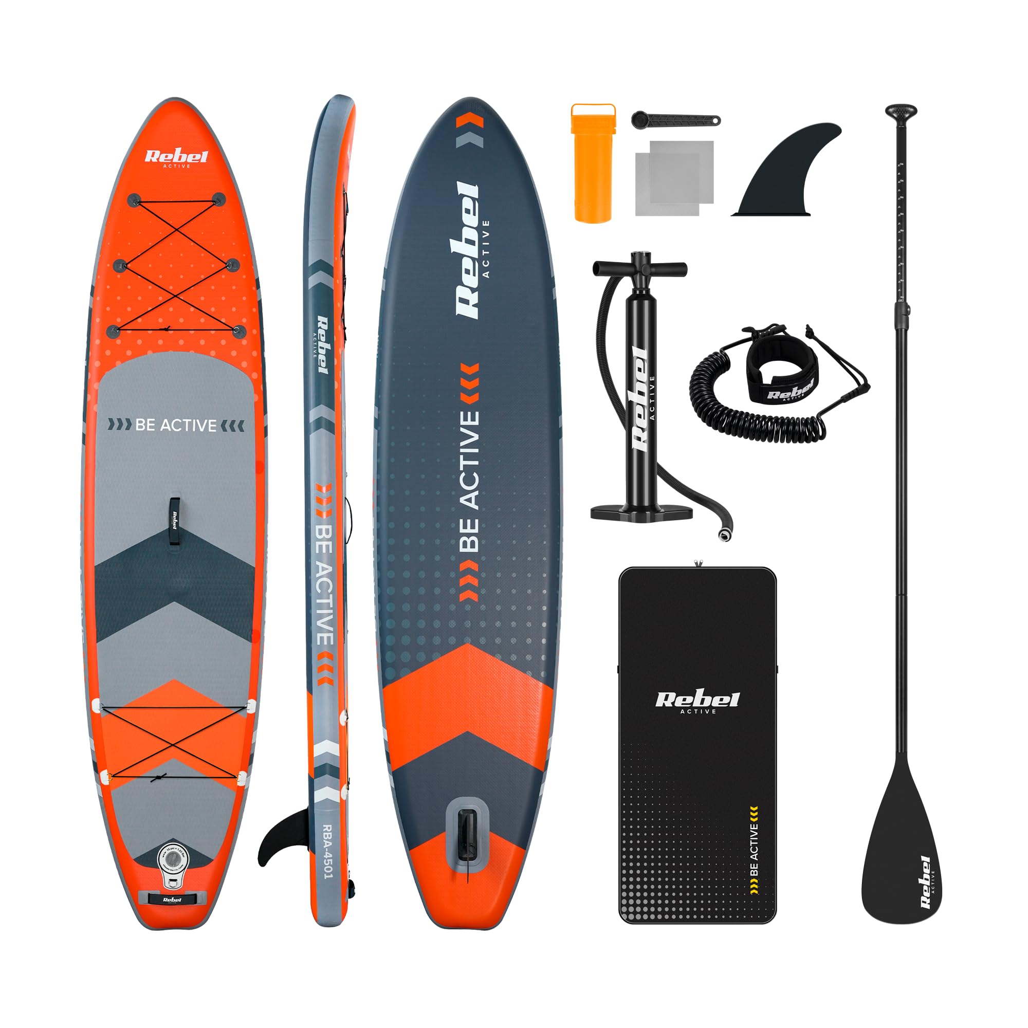 Rebel Electro Tavola da SUP con pompaggio a punto goccia da 350 cm Set zaino con pompa a pagaia RBA-4500-OR
