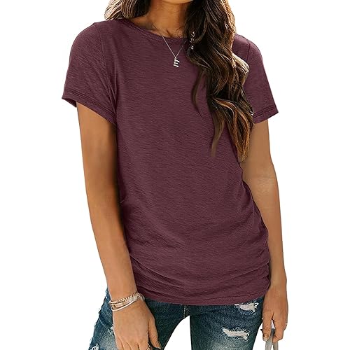 AUTOMET Women's Soft Basic Short Sleeve T-Shirt, Round Neck Tops Summer Casual Tee for Spring Shirts Clothes Everyday Wear