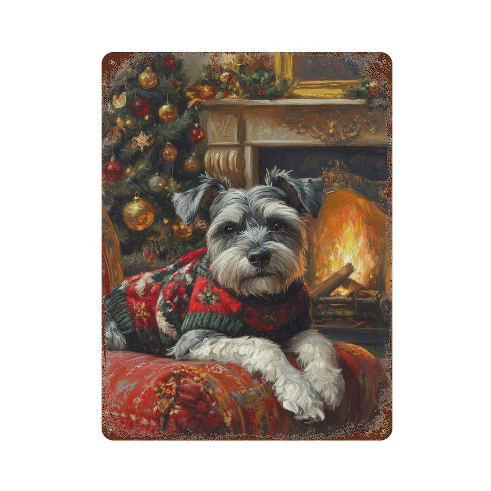 Rust Effect Schnauzer in Christmas Sweater by Fireplace Cozy Christmas Dog Art Vintage Rust Metal Sign 15.7"x11.8", Classic Wall Plaque for Shed, Workshop And Garage Wall Decor