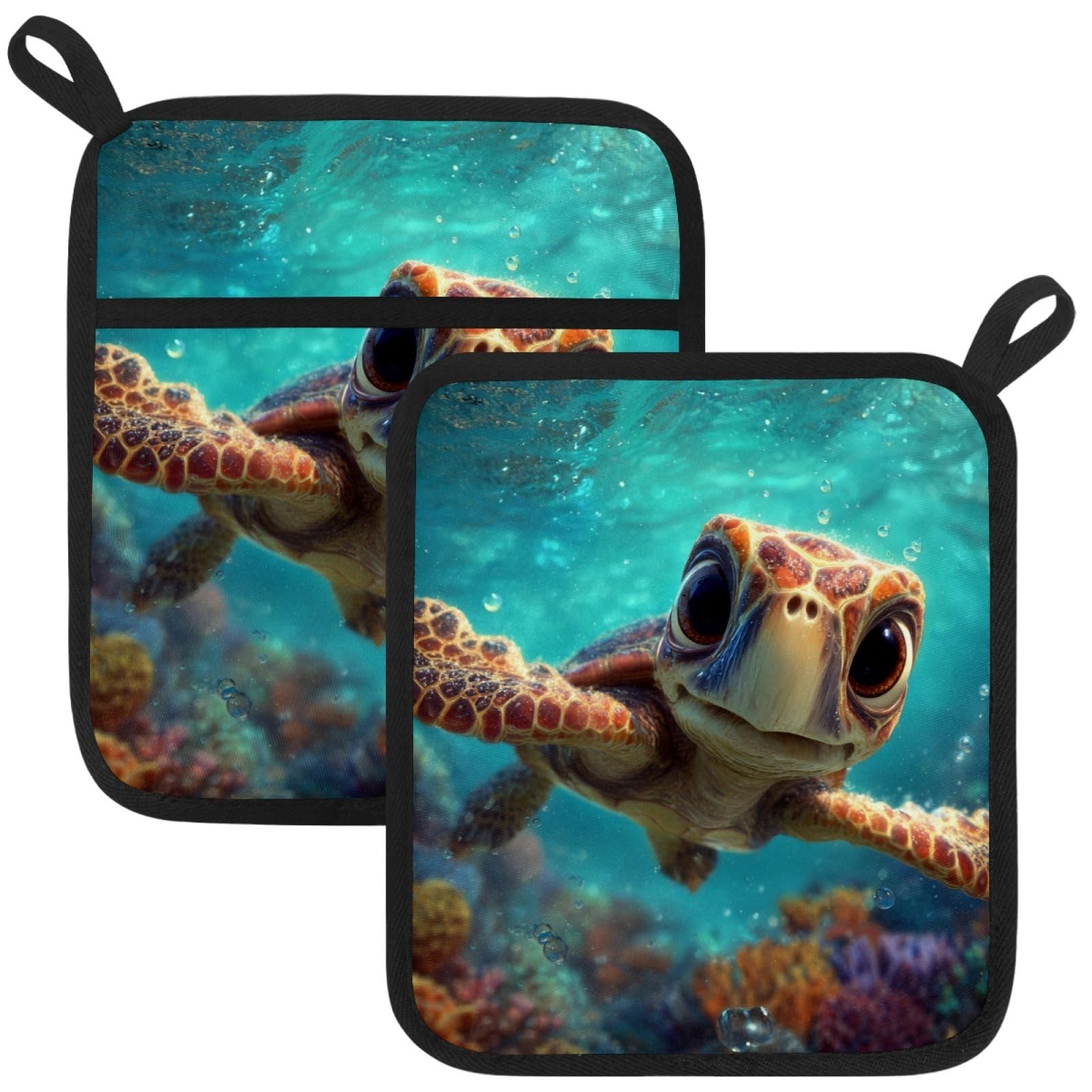 VAPOKF Cute Turtls Pot Holders with Pocket for Kitchen Heat Resistant Potholders Large Polyester-Cotton Square Oven Mitts Set