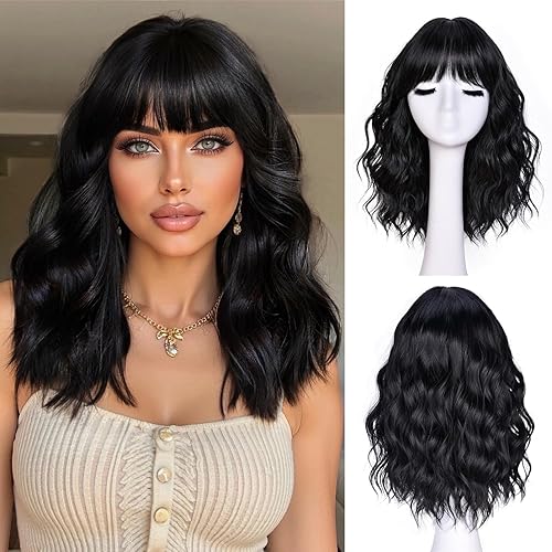 Short Wavy Wig with Bangs for Women Black Curly Wigs Natural Wavy Synthetic Wigs for Daily Party Cosplay