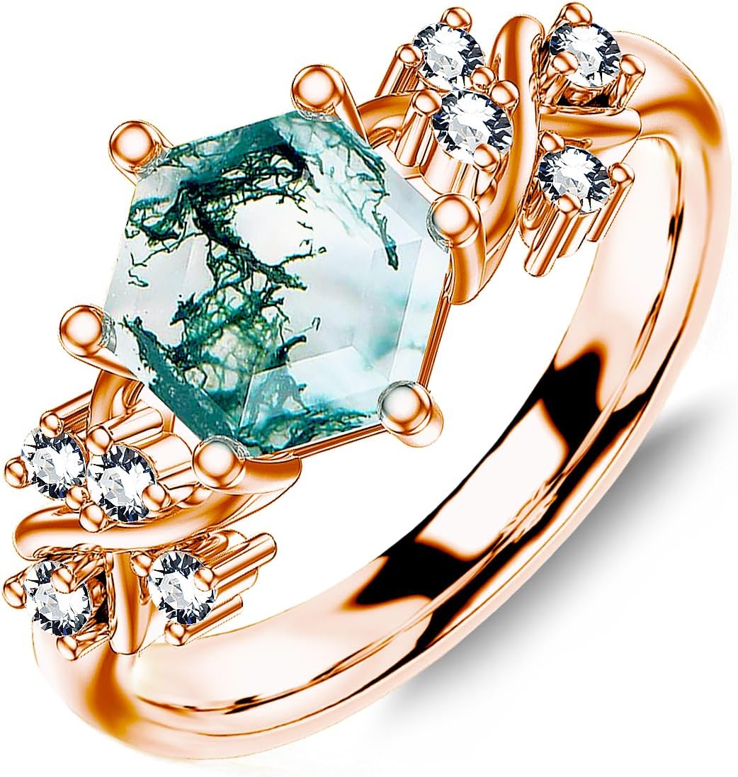 925 Sterling Silver Hexagon Natural Moss Agate Ring with CZ for Women infinity Promise Engagement Rings Jewelry for Wife Her