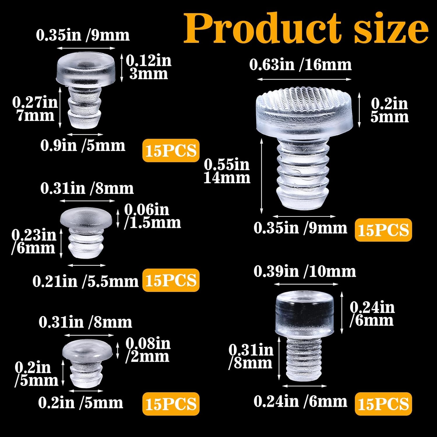 Gjinxi 75PCs Glass Top Table Bumpers with Stem, 5 Size Clear Table Grippers Patio Table Spacers Glass Table Top Bumpers for Table Furniture Cabinet (0.19/0.20/0.21/0.24/0.35in) 3