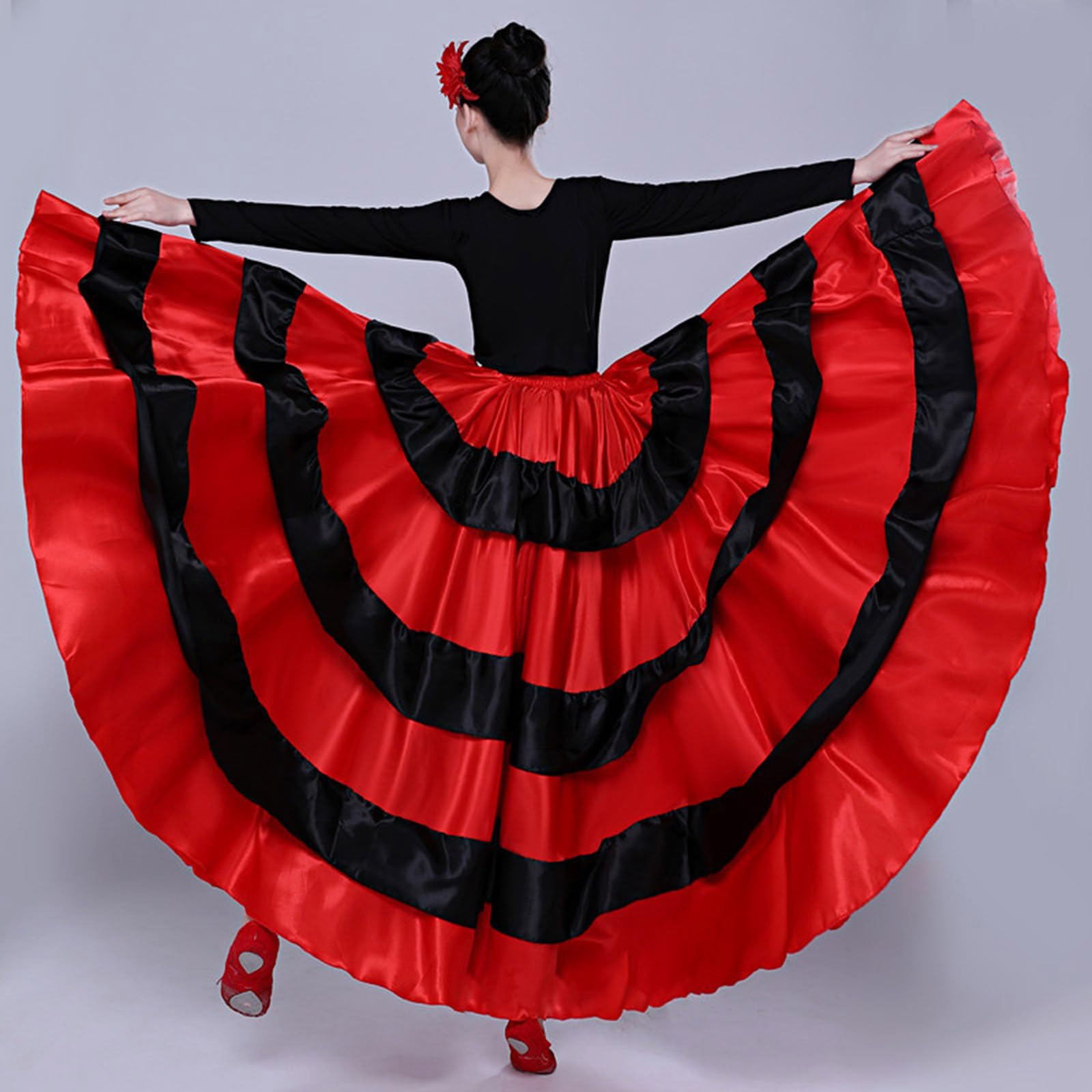 Damska czarna czerwona warstwowa długa spódnica do hiszpańskiego flamenco Meksyk Balet Folklorico spódnica do tańca brzucha długa spódnica flamenco hiszpański taniec duża huśtawka kostium na Halloween
