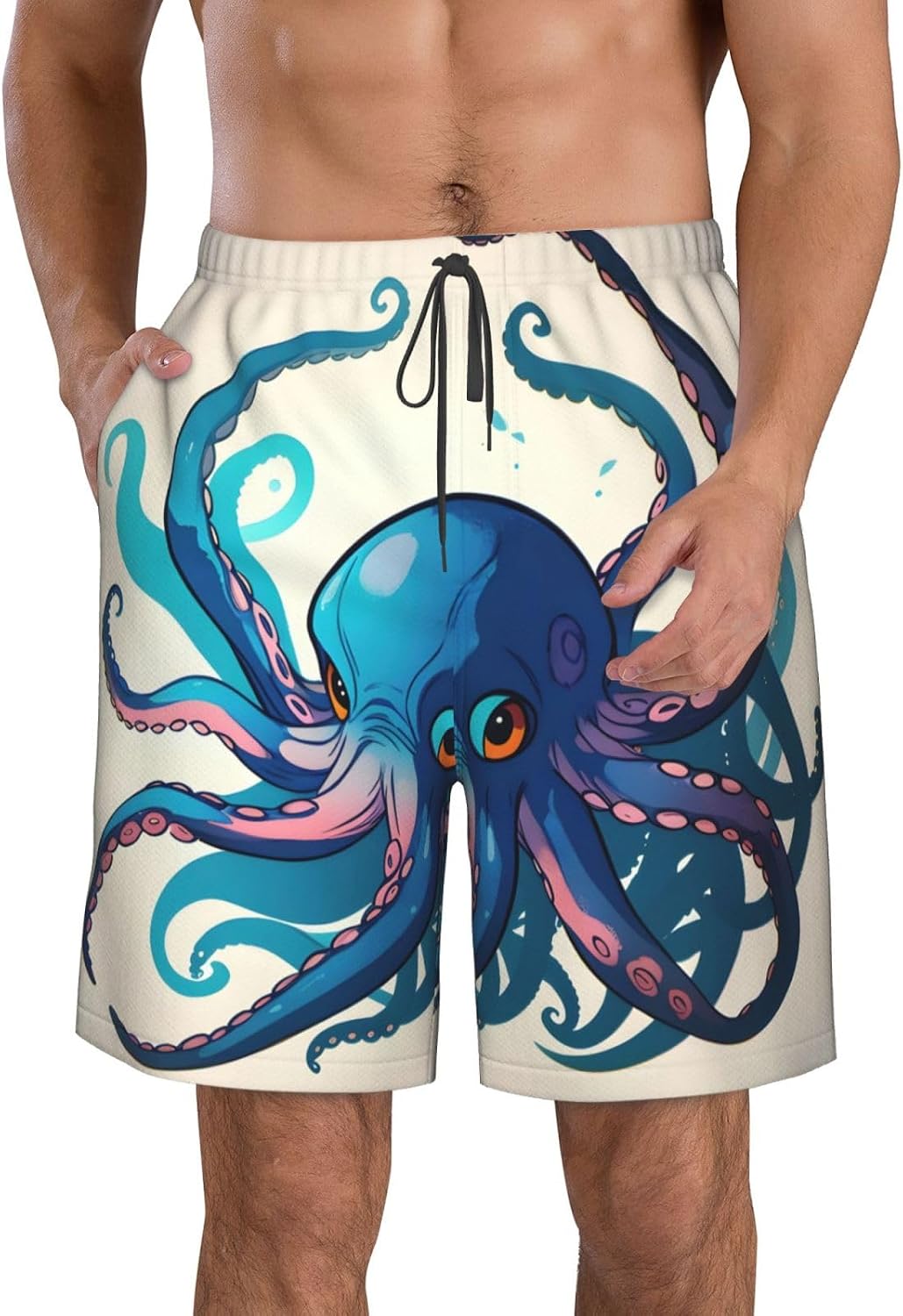 Blue and Purple Octopus Print Men's Quick-Drying Shorts Casual Beach Pants Stretch Waist Shorts and Pockets