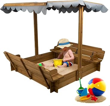 PetsCosset Wooden Sandbox with Lid, Kids Sandbox with Cover Outdoor, with 2 Foldable Bench Seats for Backyard 47x47in, UV-Resistant & Adjustable Height Roof, Gift for Ages 2-8
