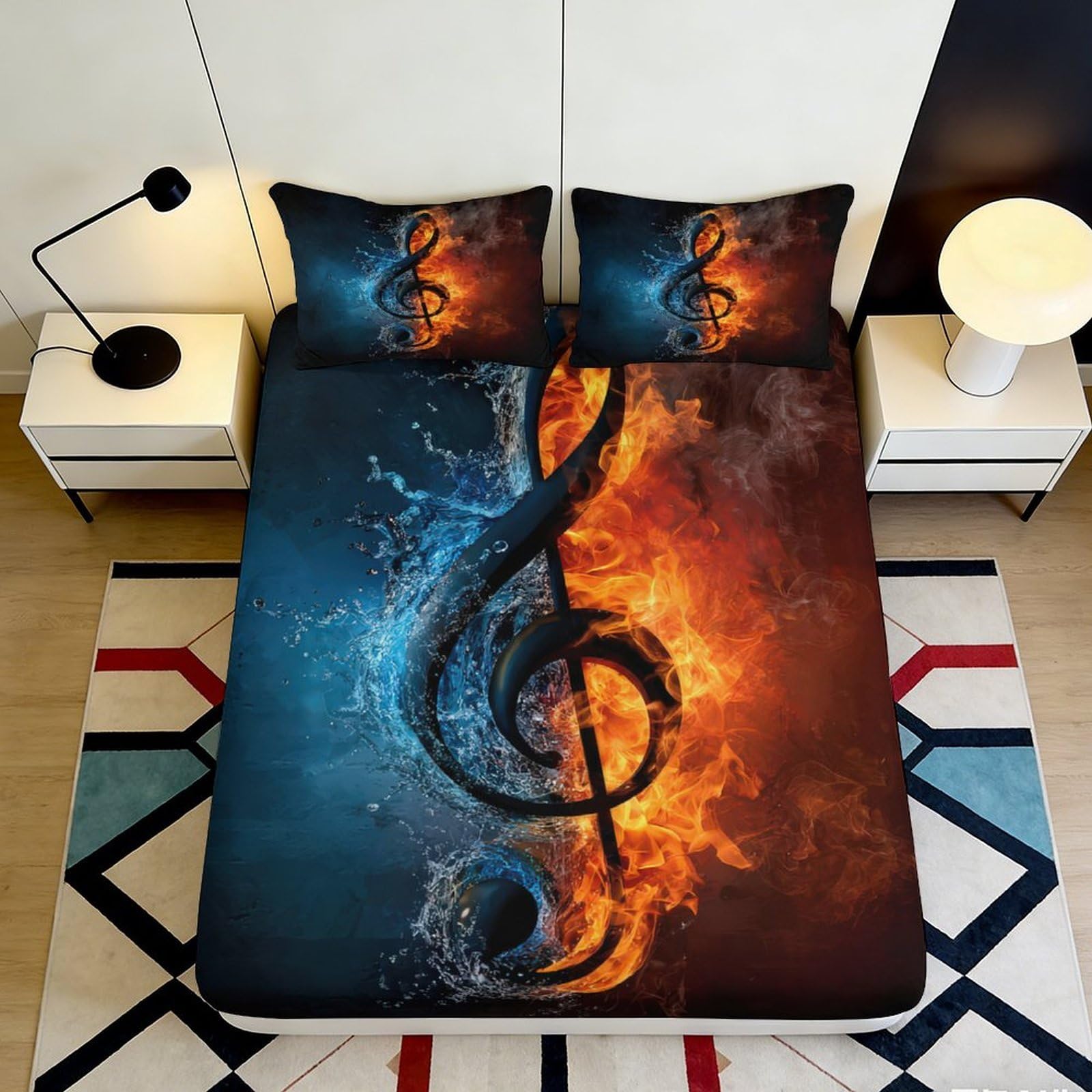 3D Printed Fire and Water Treble Clef Fitted Sheet Microfiber Soft Breathable Flame and Splash Mattress Cover for Bedroom Dorm Dormitory Guest Room 140x200x25cm