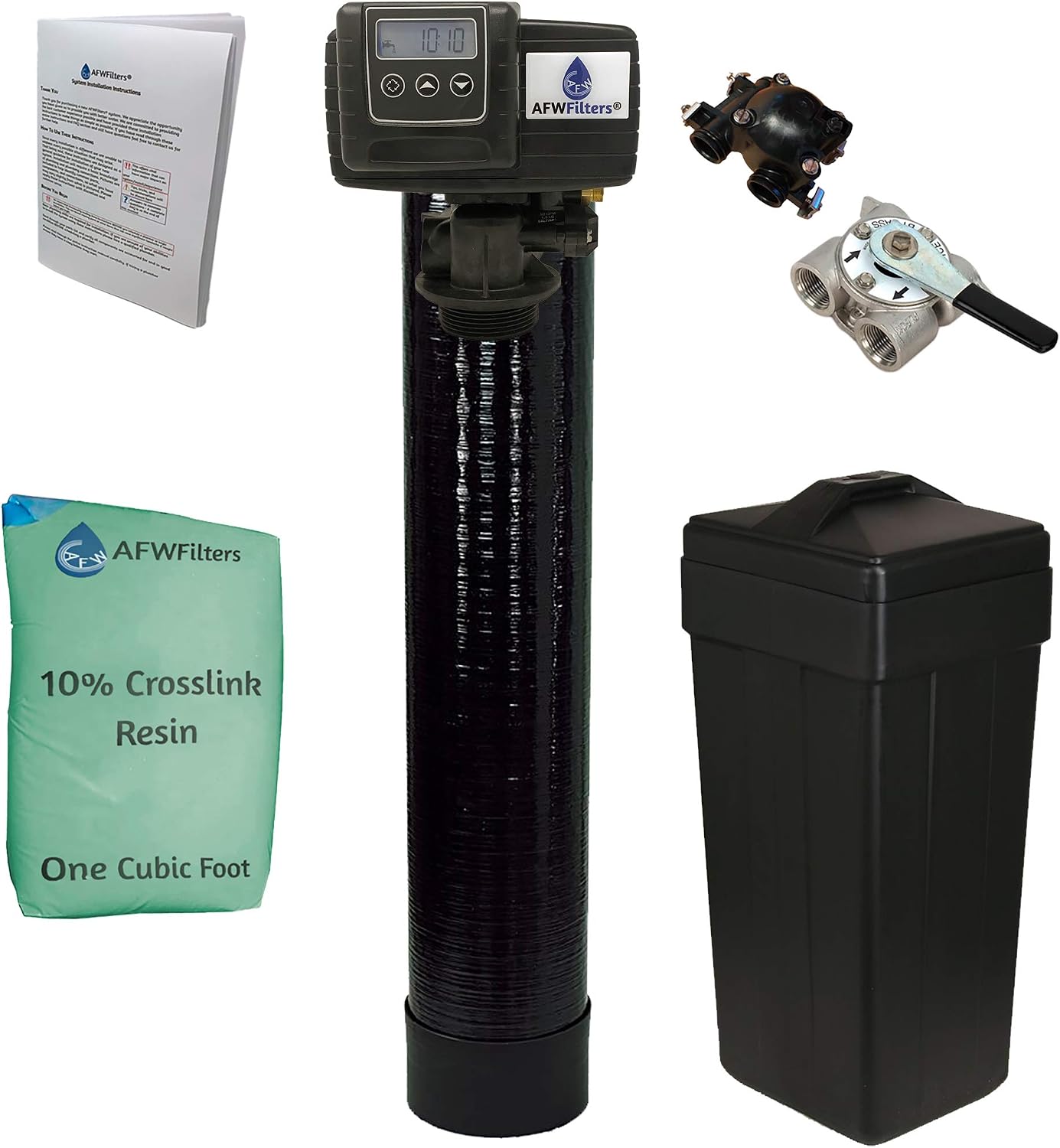 AFWFilters 1 Cubic Foot (32k) Whole Home Water Softener with Durable 10% Crosslink Resin, 3/4" Stainless Steel FNPT Connection, and Black Tanks