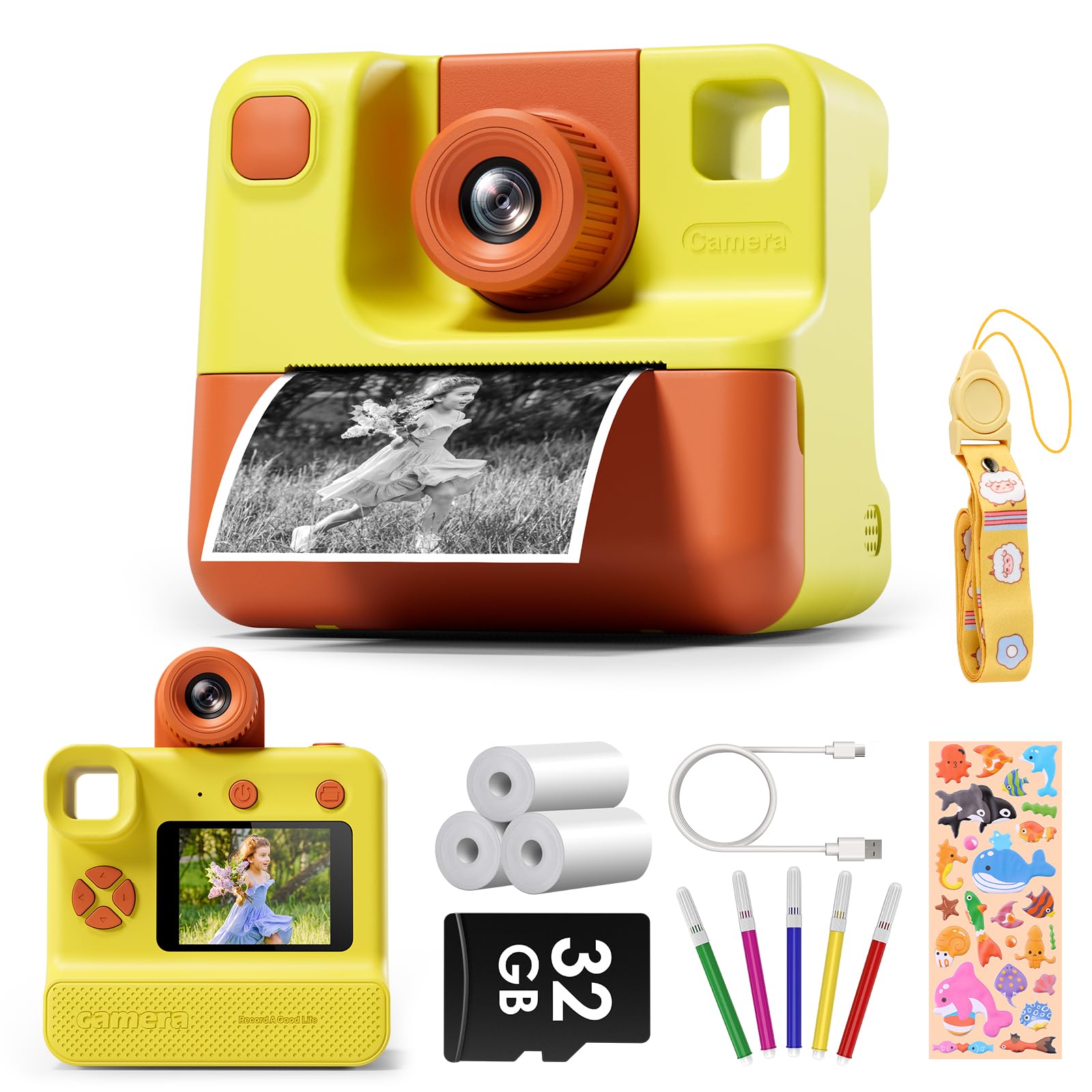 Kids Camera Instant Print, 180° Flip Lens 24MP & 1080P Selfie Digital Camera Christmas Birthday Gifts Toys for Toddle Children Girls Boys Age 3-12 - Yellow