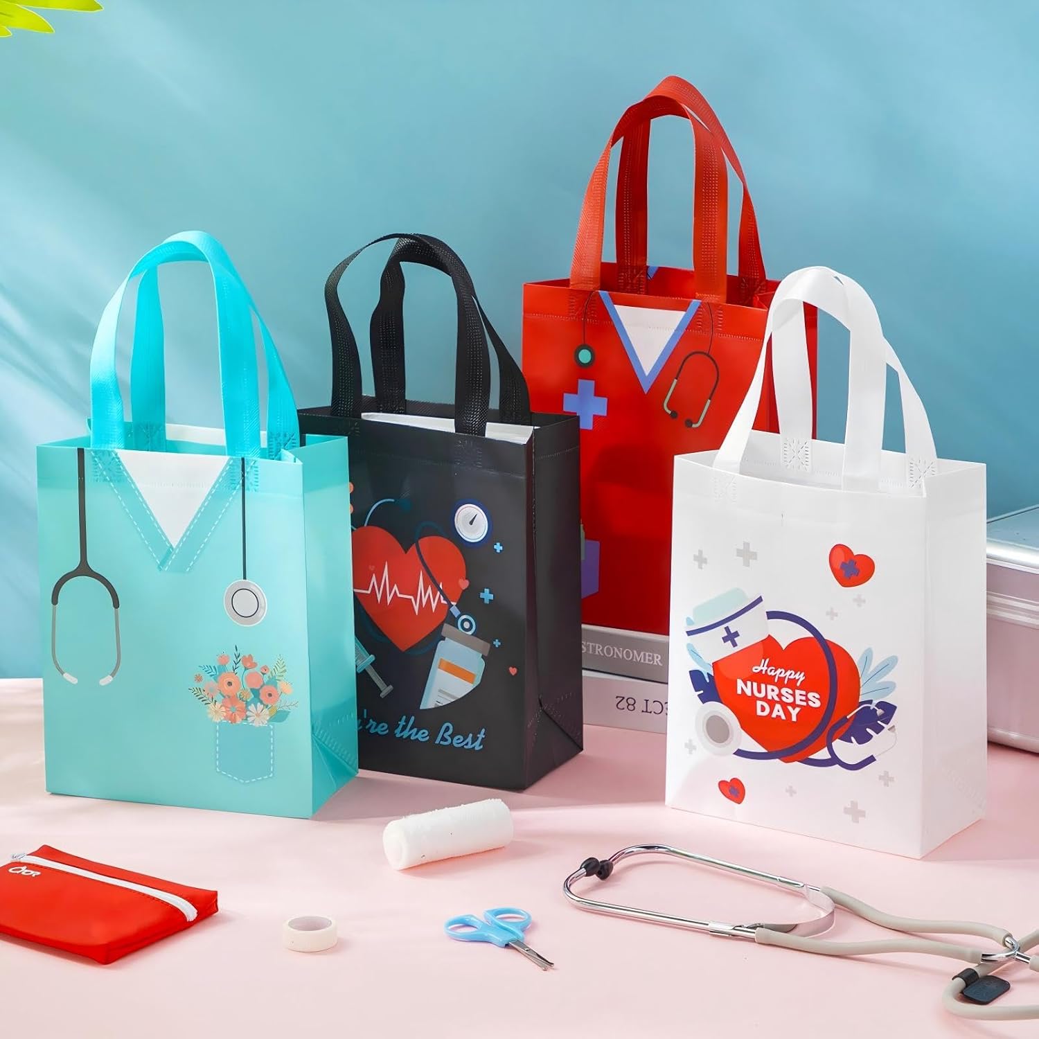 Wesnoy 48 Pcs Nurse Appreciation Gift Bags with Handles Nurse Week Gift Bulk Thank You Doctor Reusable Non Woven Treat Goodie Bags Medical Assistant Party Favor for Nursing Appreciation Supplies