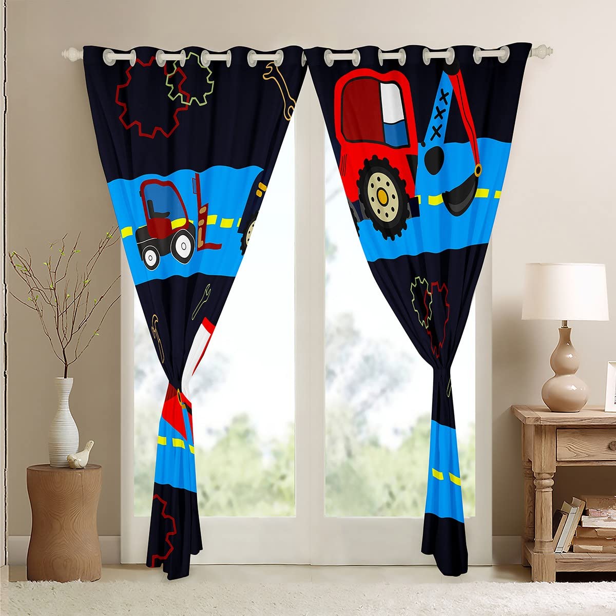 Cortinas de Ventana de construcción para niños, para Dormitorio, Sala de Estar, maquinaria de niños, Cortinas de Ventana de camión, Sitio de construcción, Cortinas de vehículos de Coche, excavadoras,