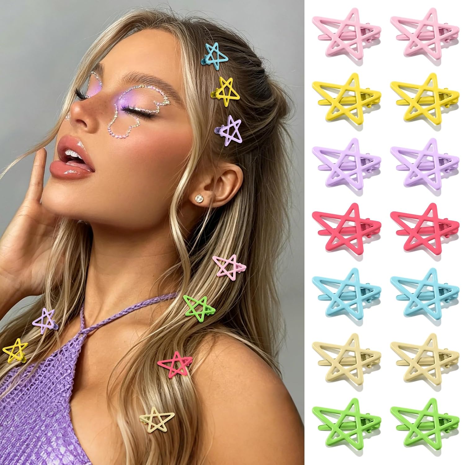 14 PCS Colorful Star Hair Clips 2000s Y2K Kawaii Snap Hair Clips