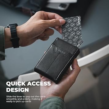 VULKIT Minimalist Wallet for Men - Pop Up Card Holder with RFID Blocking Slim Leather & Aluminum Front Pocket Wallet for Cash, Coins Black
