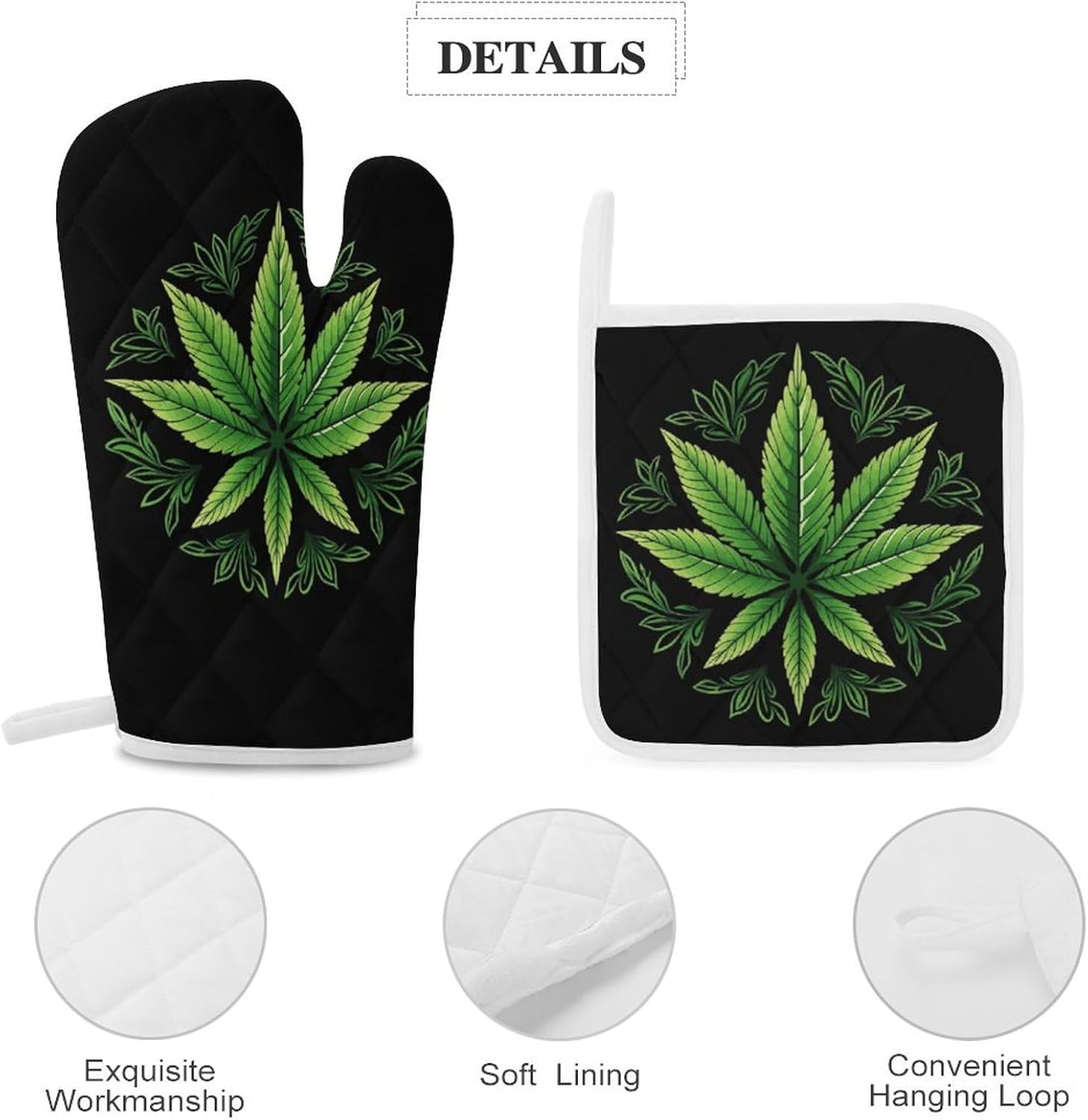Weed Leaf 4 Pcs Oven Mitts and Pot Holders Set High Heat Resistant Long Kitchen Oven Glove Potholders