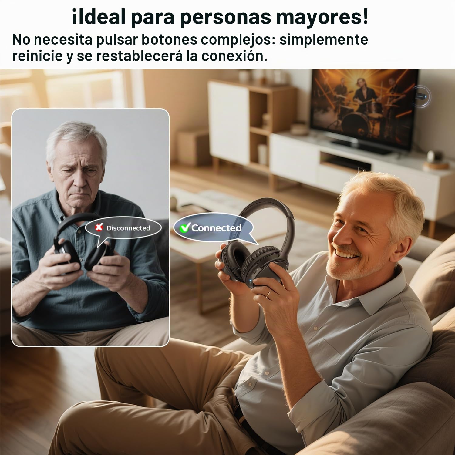 Holdsound Auriculares Inalambricos TV para Adultos Mayores, Plug and Play