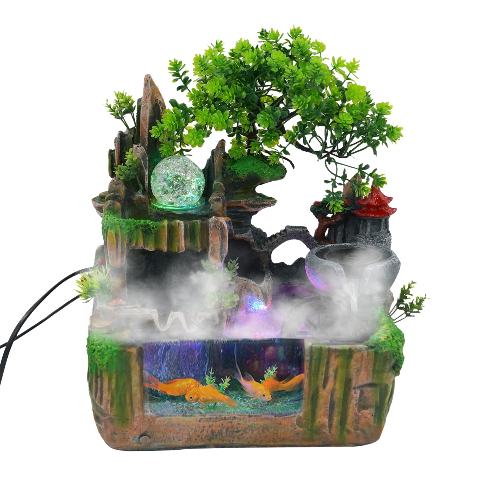 Tabletop Mini Rockery Water Fountain, 110V Indoor Mist Resin Waterfall Feng Shui Water Sound Zen Feng Shui Small Rock Desktop w/LED for Corridor, Entrance, Restaurant, Bookstore, Bedroom