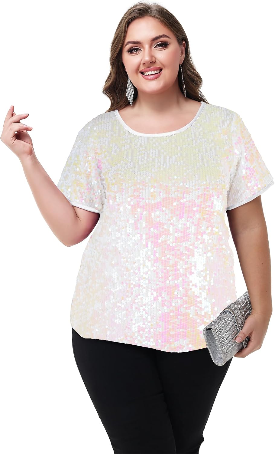 Anna-Kaci Women's Sequin Tops Plus Size Round Neck Sparkle Glitter Short Sleeve Party Tunic Blouse