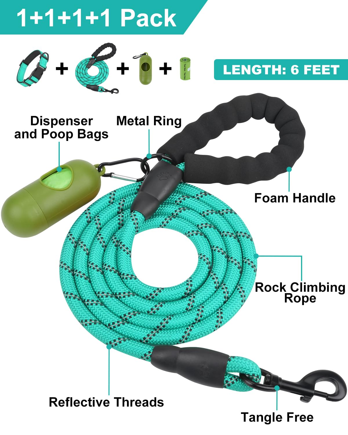 Dynmeow Reflective Dog Collar and Leash Set, 6FT Strong Climbing Rope Leash with Padded Handle, Adjustable Pet Collar with Soft Neoprene Padding for Large Dogs, Teal, L