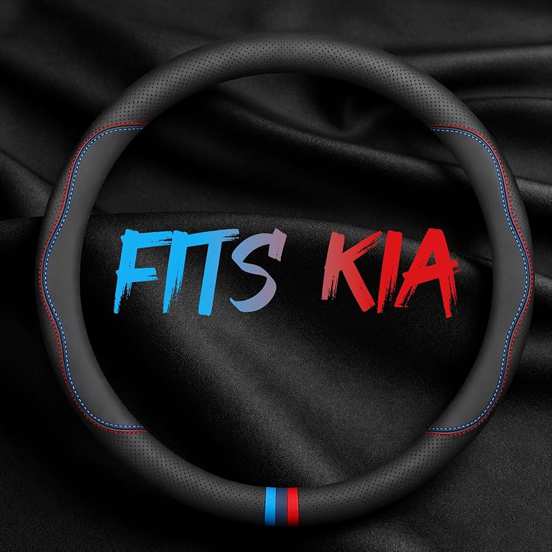Capa para Volante em Couro TRROCC para Kia, Estilo Esportivo Tricolor com Costura Vermelha e Azul, 37,4 cm