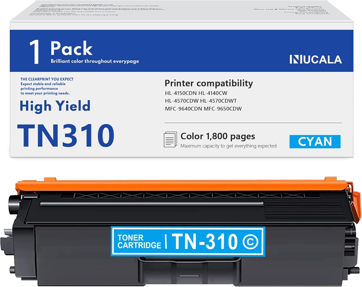 NUC TN310 TN-310 Toner Cartridge, 1-Pack Cyan Replacement for Brother TN-310C TN310C HL-4150CDN HL-4140CW HL-4570CDW HL-4570CDWT MFC-9640CDN MFC-9650CDW MFC-9970CDW Printer Toner
