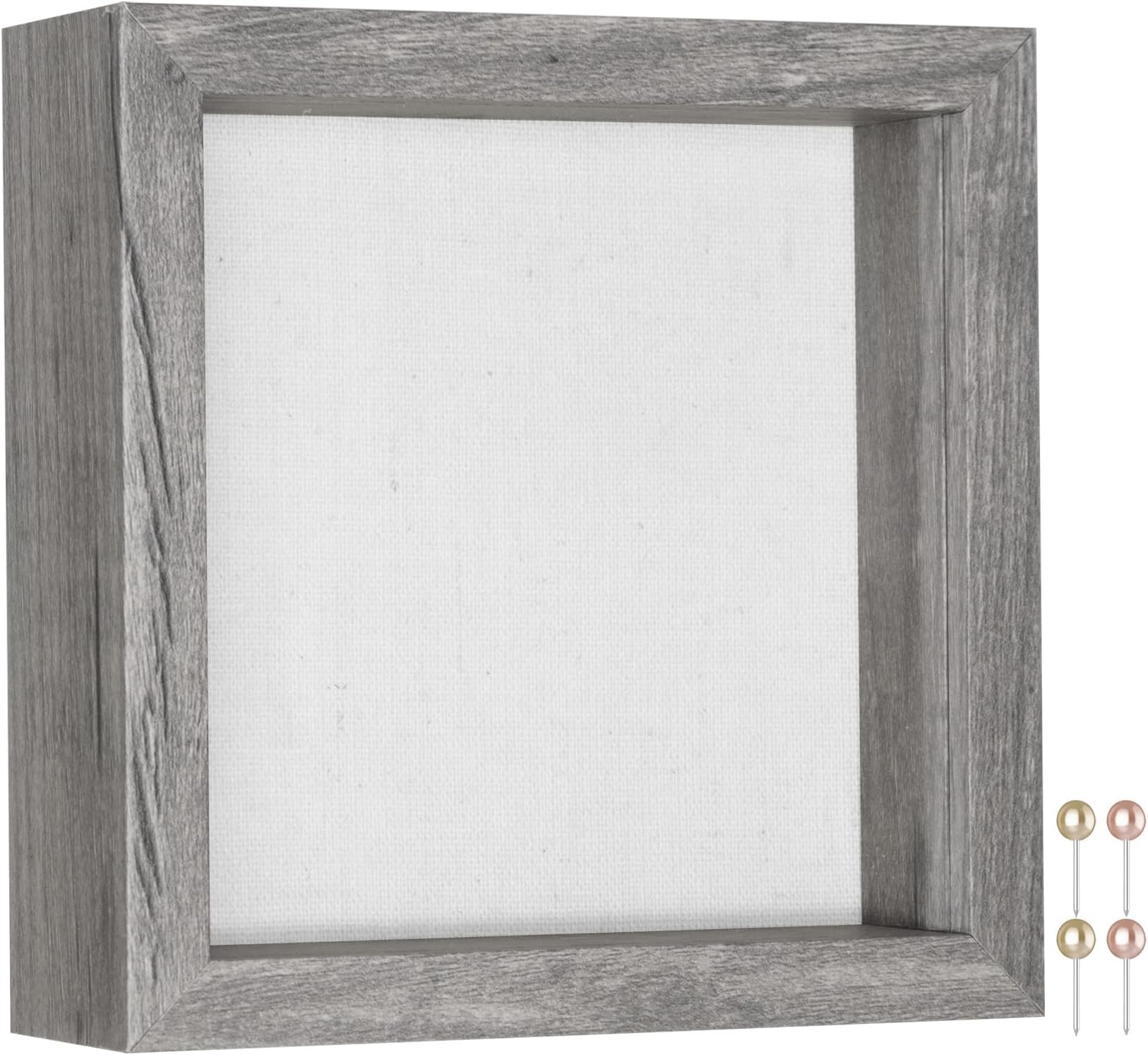 Califortree 5x5 Small Shadow Box Picture Frame with Soft Linen Back - Push Pins Included, Memory Shadow Box Display Case for Bouquet Awards Medals Wedding Photos and More, Gray