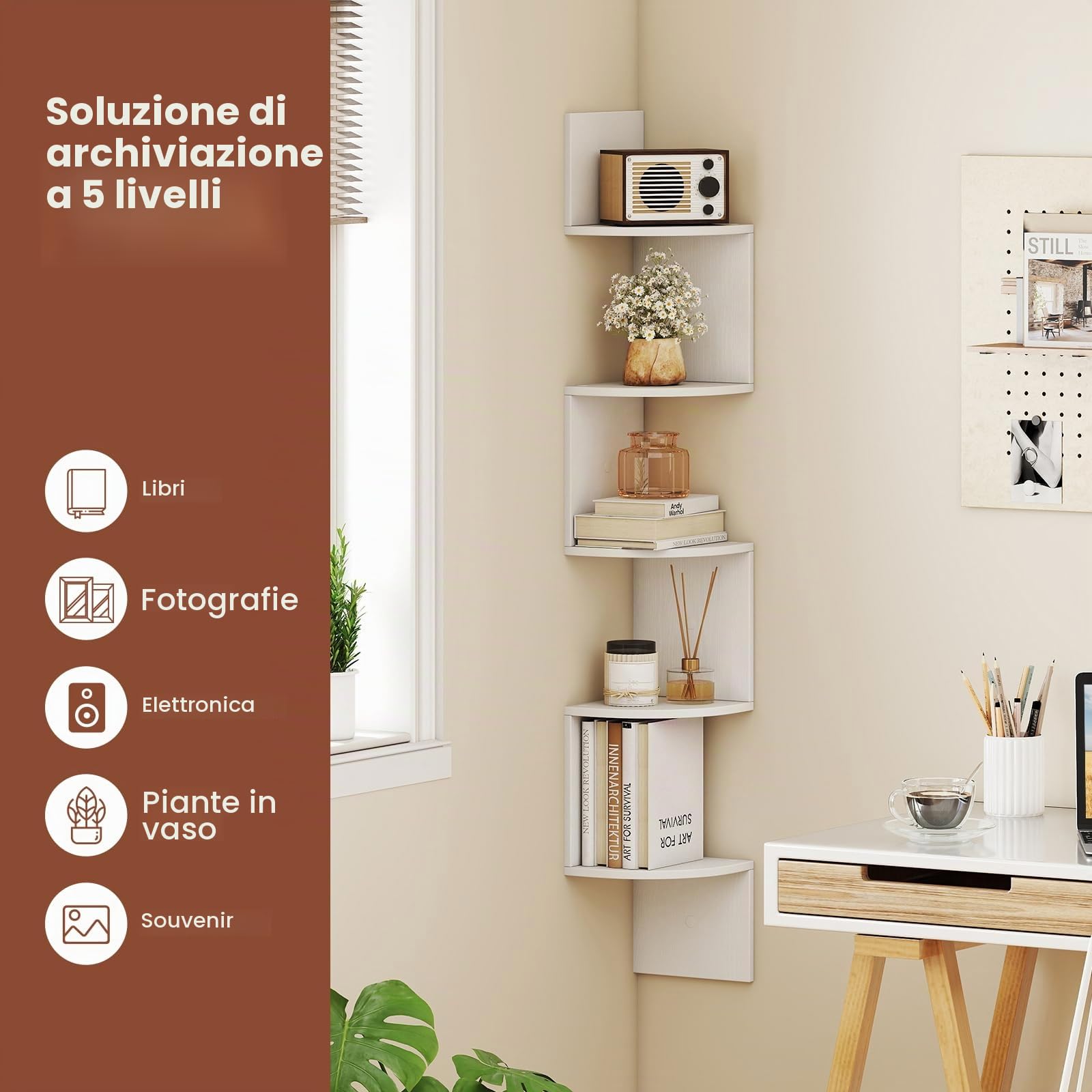 HOMASIS Libreria Angolare da Parete con 5 Ripiani, Scaffale ad Angolo in Legno, Libreria Sospesa Salvaspazio e Aperto per Decorazioni da Soggiorno, Ufficio e Bagno, 20 x 20 x 126 cm (Bianco)