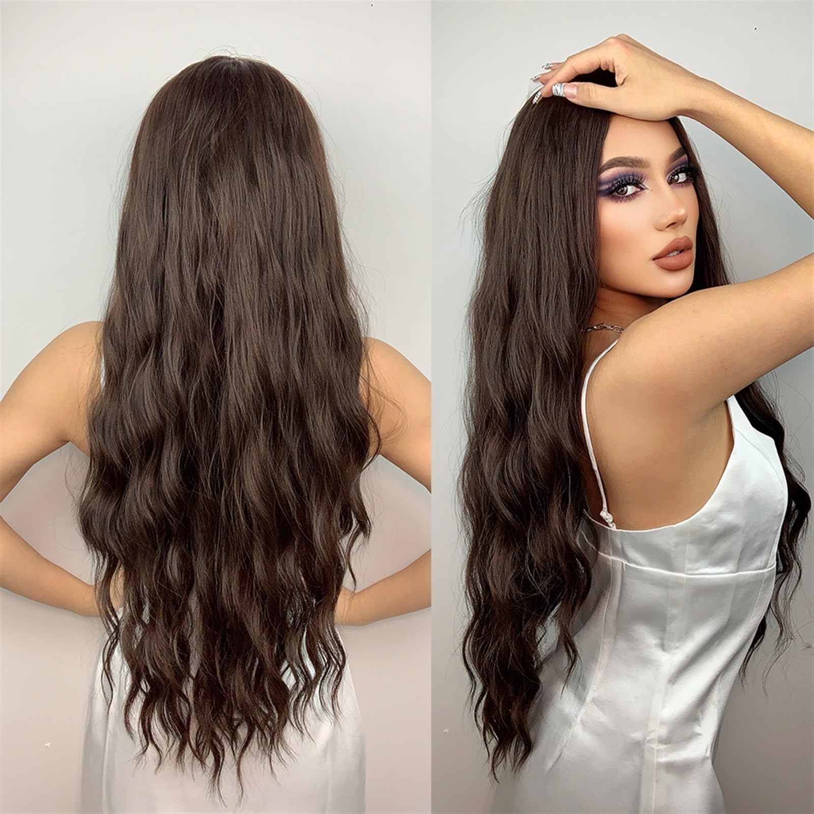 Parrucche Parrucche Sintetiche Ondulate Lunghe castane Parte Centrale Parrucca riccia Naturale for Donne Nere Cosplay Capelli Finti Resistenti al Calore quotidiani Parrucche Donna