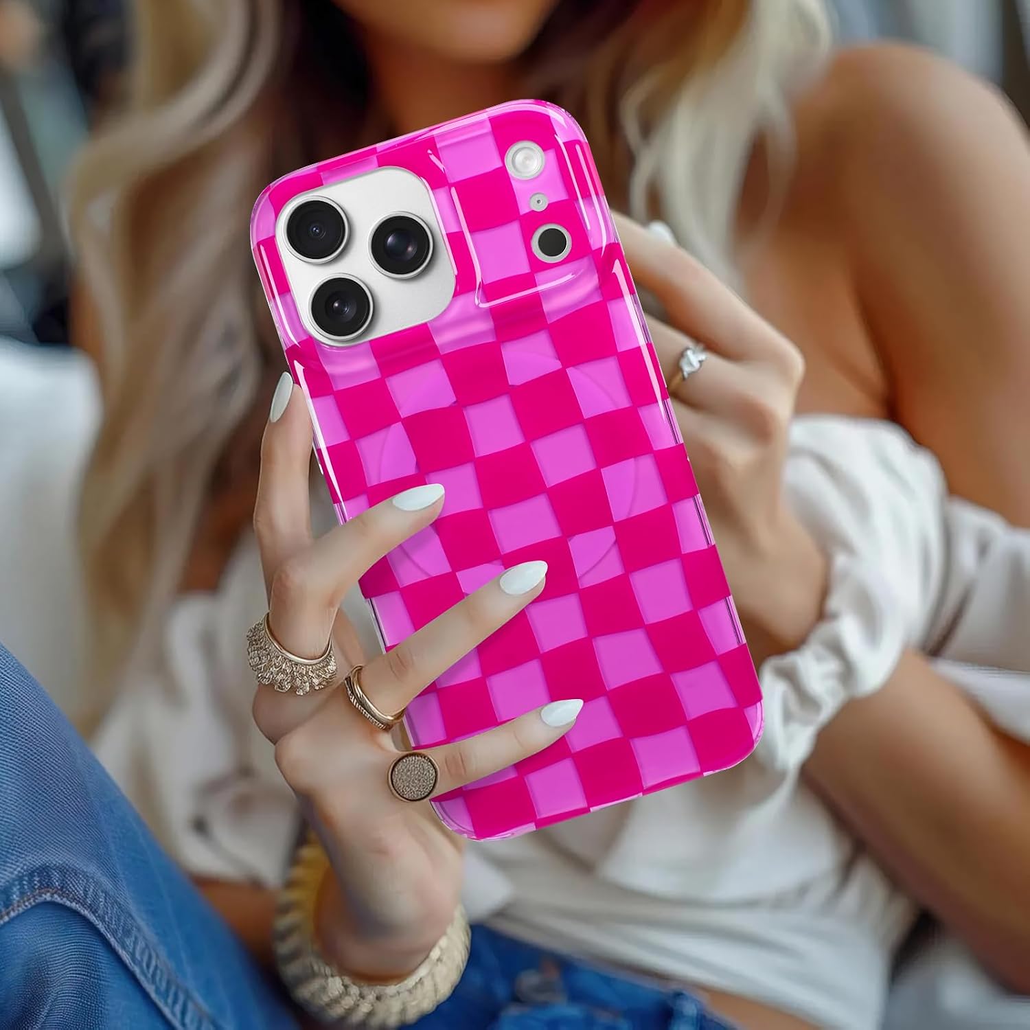 SOKAD Magnetic for iPhone 18 Pro Max Case Cute Fashion, Hot Pink Checkered image 2