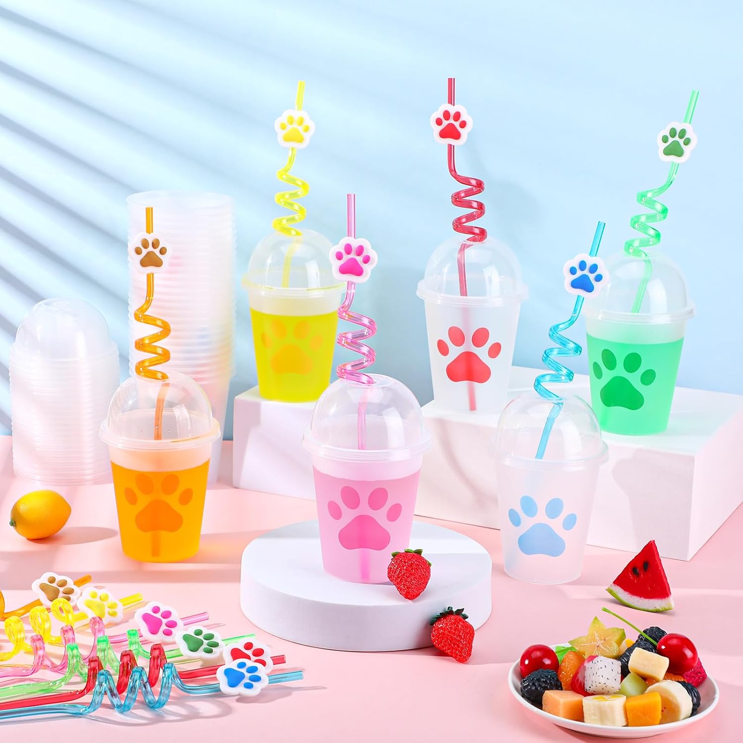 Qinyoung 48 Sets Colorful Dog Paw Print Sippy Cups with Straws and Lids, 12 oz Clear Plastic Dog Paw Party Cups with Dome Lids for Baby Shower Birthday Party Supplies - Image 5