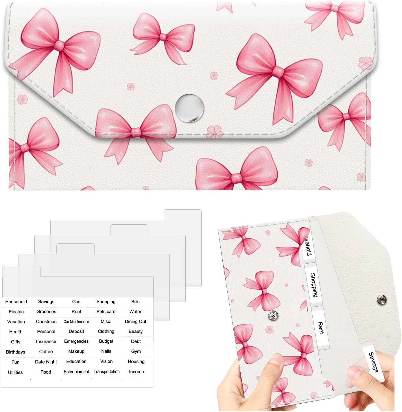 Cash Envelope Wallet for Budgeting, PU Leather Cute Cash Pouch with 4 Cash Dividers & 1 Category Stickers, Reusable Money Holder for Men and Women, Pink Bow