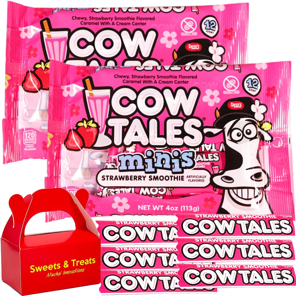 Original Caramel Cow Tales Minis Candy - Strawberry Smoothie Flavor Chewy Cream Center | Birthday Party Favor Movie Night Travel School Snack Road Trip Office Gift Camping Hiking Dessert | 2 Bags Plus