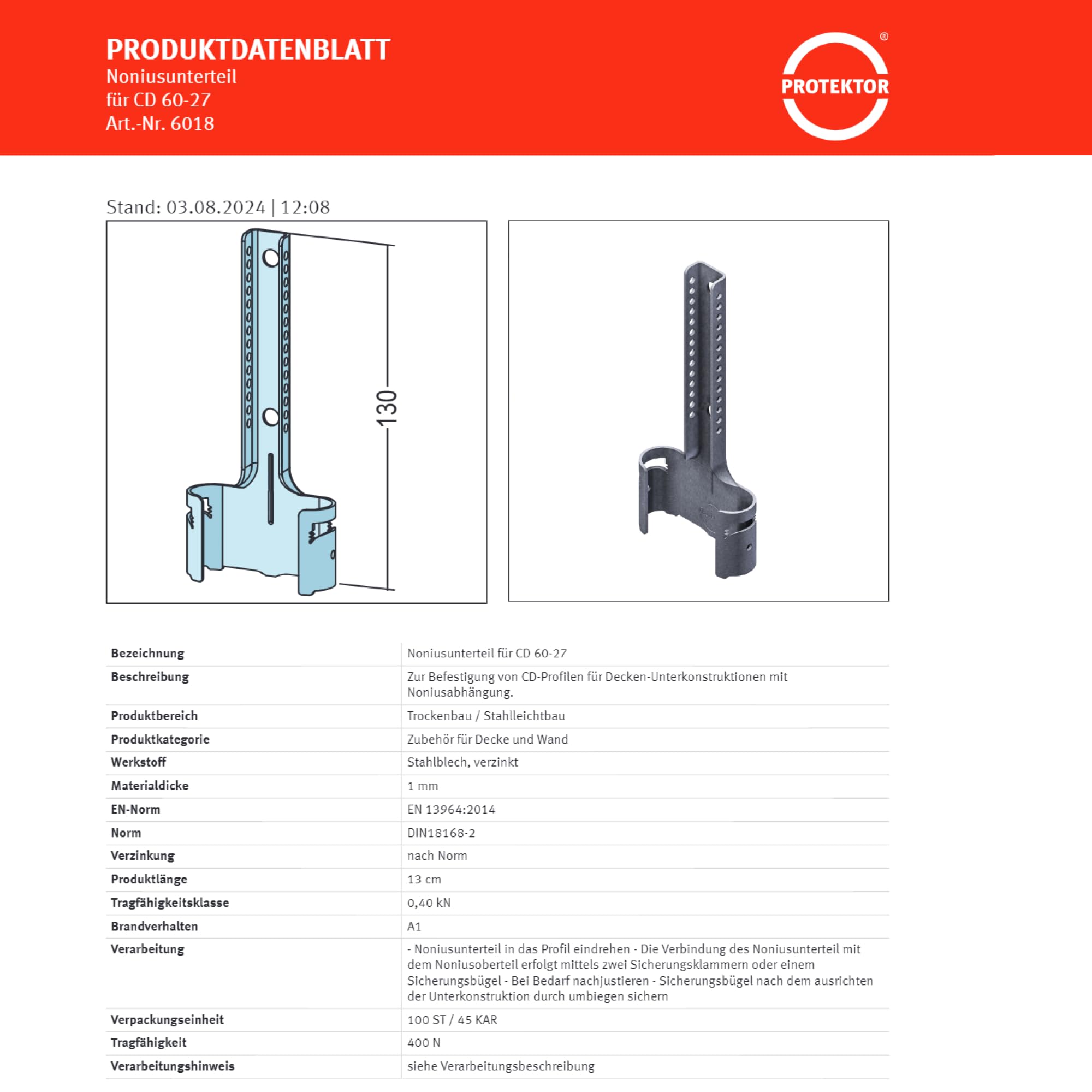 PROTEKTOR Noniusabhänger 6018-100x für CD 60-27 Deckenprofile Zuverlässige Verbindung