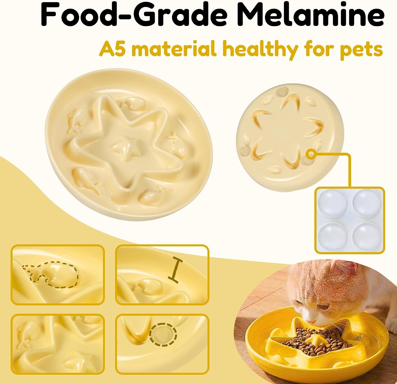 2 Pcs Cat Slow Feeder Bowl – Whisker Friendly Melamine Puzzle Feeding Cat Bowl for Slow Eating – Wet & Dry Food – Dishwasher Safe, Lightweight, Non-Slip (Buttercream + Coral Pink, 6.3'')