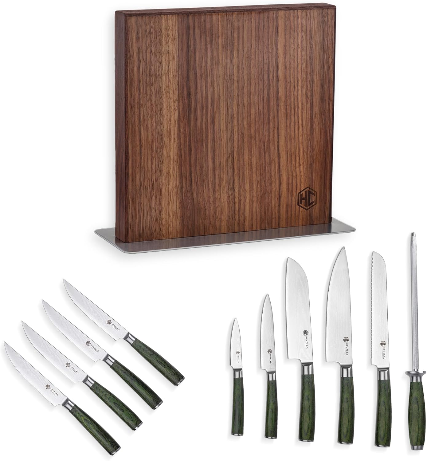 HexClad 11-Piece Knife Set, 6-Piece Essential Knife Set, 4-Piece Steak Knife Set, and Magnetic Knife Block, Japanese Damascus Stainless Steel Blades, Full Tang Construction, Pakkawood Handles