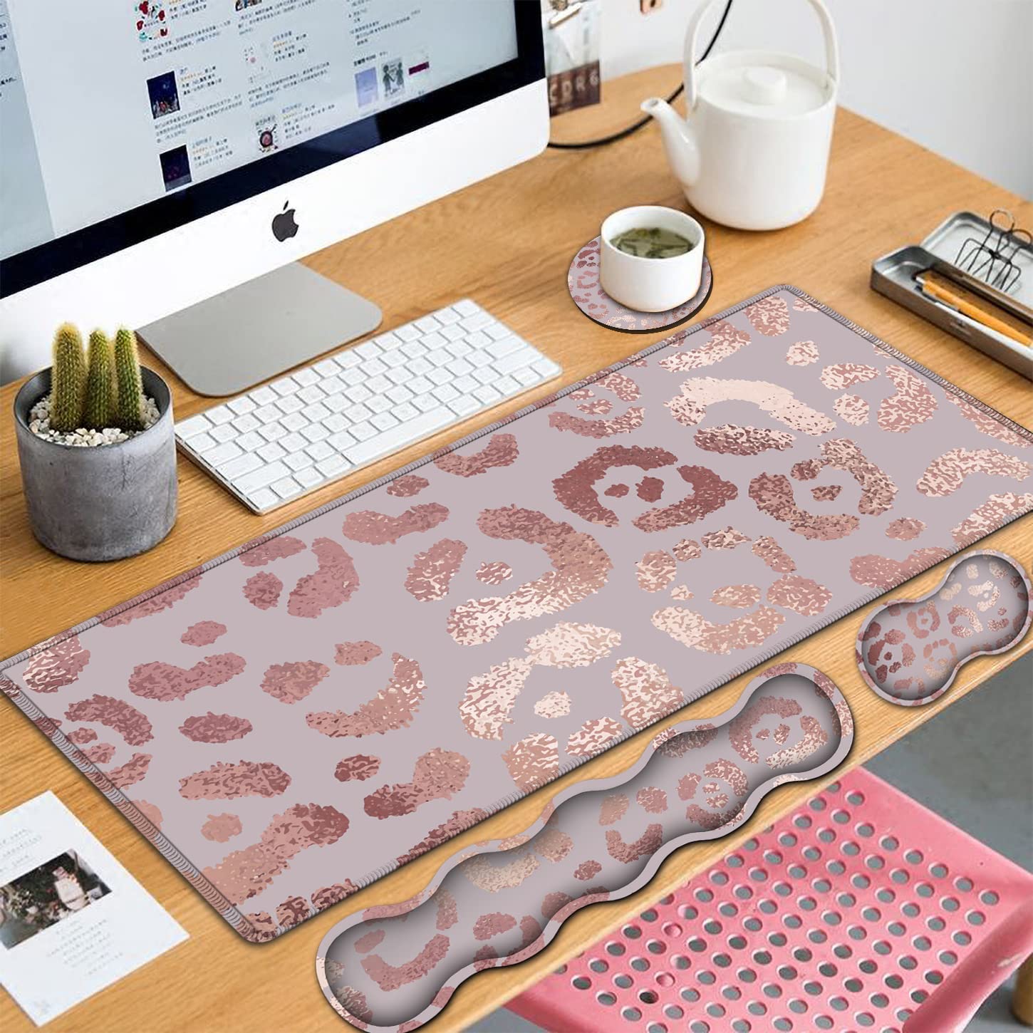 Gaming-Mauspad Mit Handgelenkauflage – Memory Foam, Rutschfeste Unterseite, Rosa Glitzer-Leopardenmuster, Für Büro & Zuhause