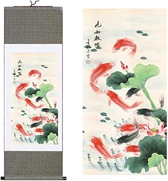 VoOqo chinese scroll hanging painting,scroll painting, Chinese style silk Chinese painting fish Home Decorating calligraphy scroll hanging kind giftH55 x W18 Wallet 55008
