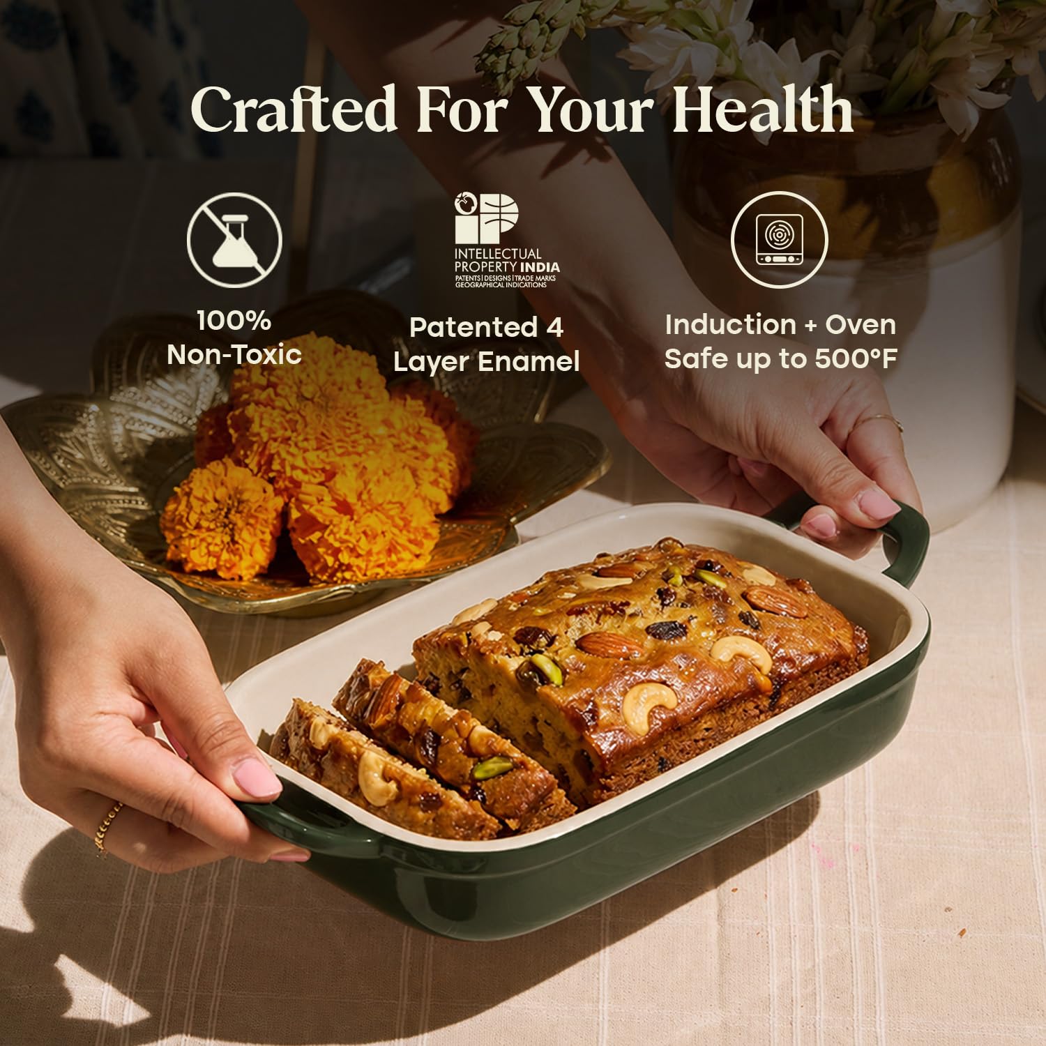 CUMIN CO. Ceramic Baking Trays | Set of 2, 8"x8" & 9"x13" | Non Toxic Enamel Coated Bakeware | Free Accessories | Induction, Micro & Oven Safe | Moringa (Green)