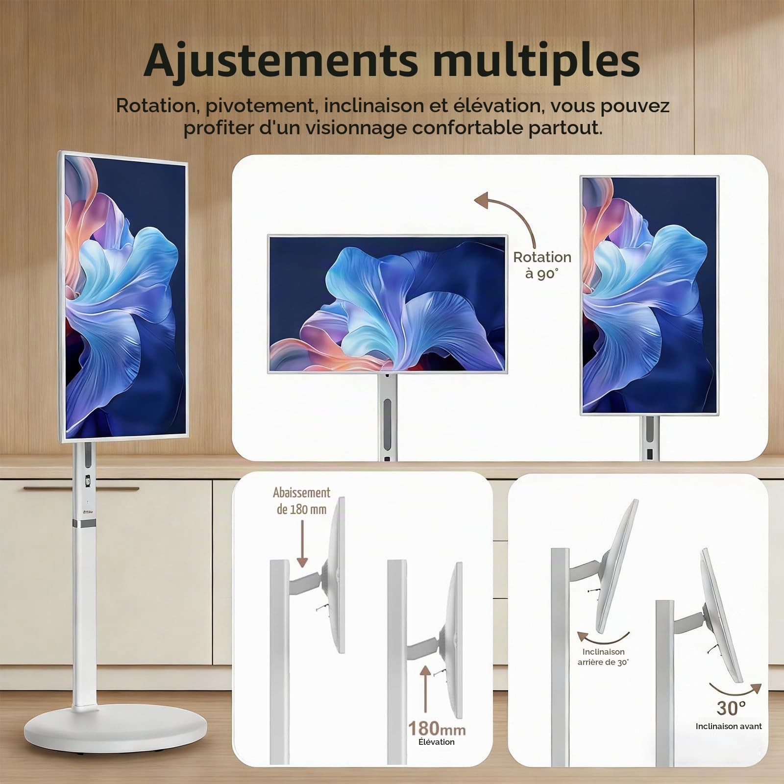 Téléviseur Portable 27 Pouces, Appareil Photo 12 MP, Moniteur Tactile Portable, Tablette TV Enroulable sur roulettes, Écran Tactile, 8 Go de Ram + 128 Go de Stockage, Batterie (6-8 H) 27"
