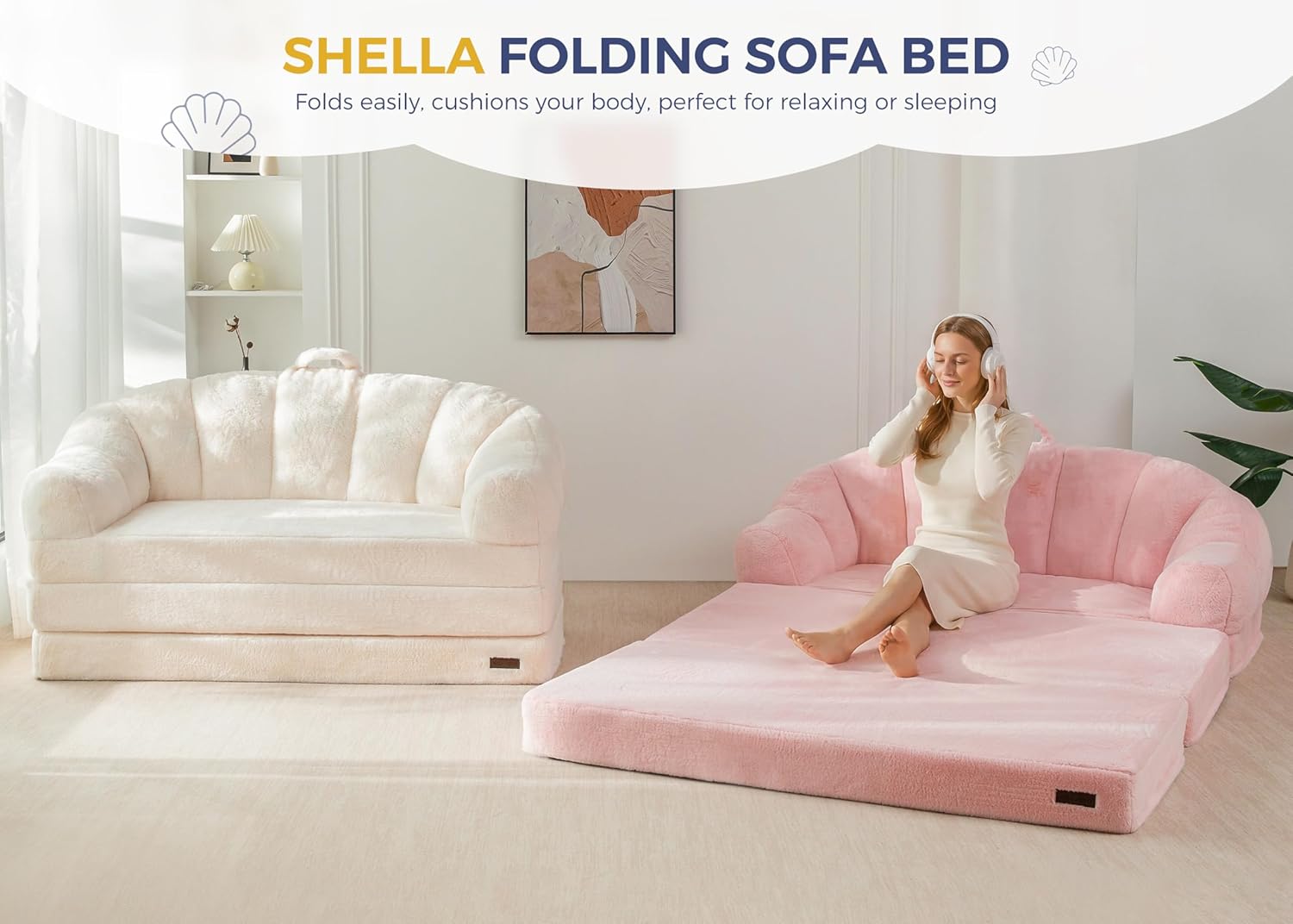 MAXYOYO Folding Sofa Bed, 2 in 1 Convertible Sofa to Lounger Comfy Loveseat Bean Bag Chair for Adults, Floor Sleeper Couch with Handle, Faux Fur Couch Bed for Living Room Bedroom, Pink, Loveseat