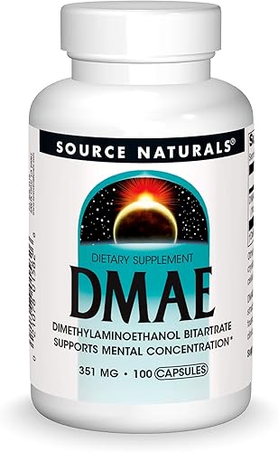 Source Naturals DMAE, Dimetilaminoetanol Bitartrato - Apoya la Concentración Mental - 100 Cápsulas