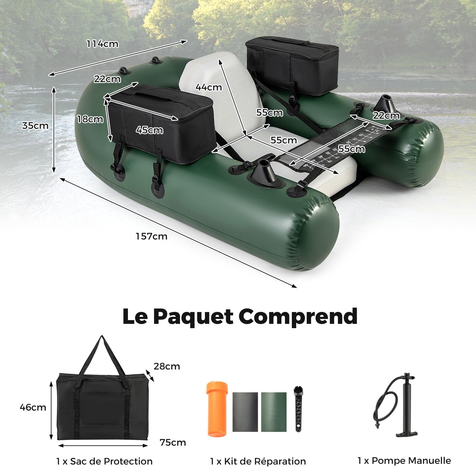 COSTWAY Bateau de Pêche Gonflable avec 3 Chambres à Air, Bateau Gonflable avec Règle à Poisson 2 Poches de Rangement Pompe Sac de Transport Boucles de Moteur, Charge 100 KG, Camouflage