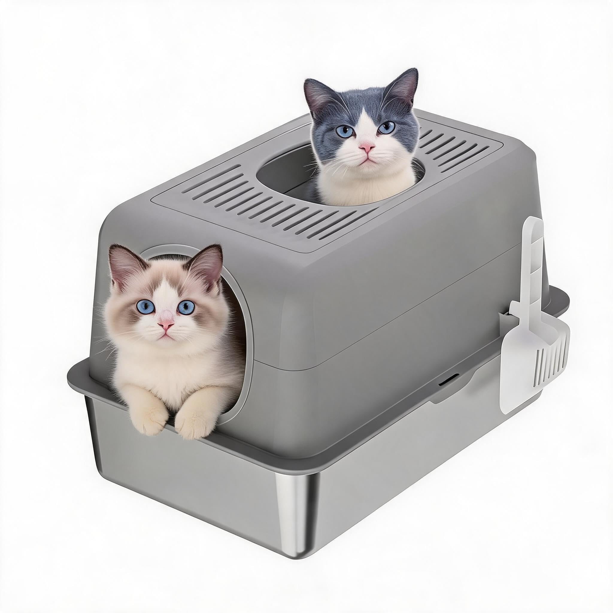 Stainless Steel Cat Litter Tray, Cat Litter Tray with Lid Leak-Proof Benders, Scoop, Easy to Clean, Spacious for Pets, Space-Saving for Homes