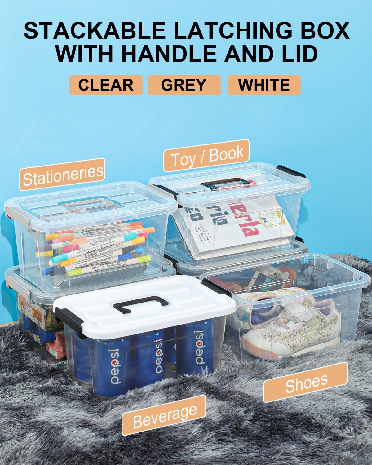 NUMIFUN 6x 8 L Aufbewahrungsbox mit Deckel, Transparent, Sicherer Verschluss, Stapelbare Aufbewahrungsboxen für Büro, Kinderzimmer, Kleiderschrank, Schule, Kunstzubehör, BPA-freies Plastik