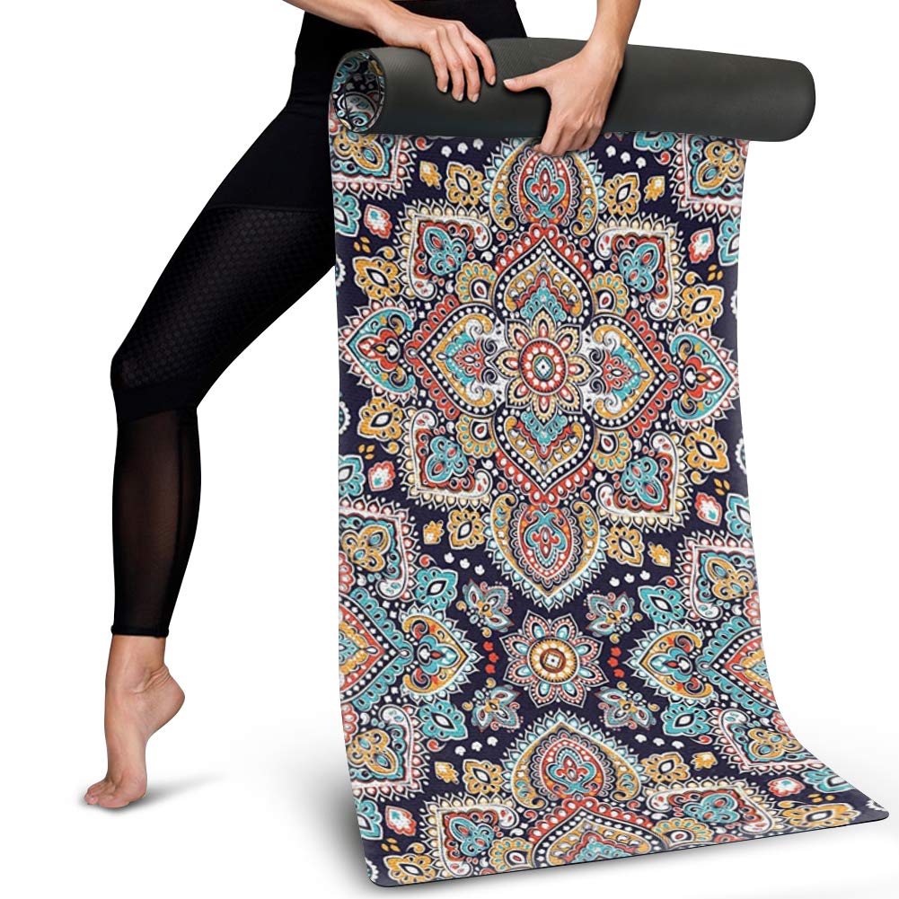 Polerro Tapis de yoga pour femme antidérapant pour la maison, le voyage, le yoga, le bohème et le mandala imprimé en daim, Mandala ethnique.