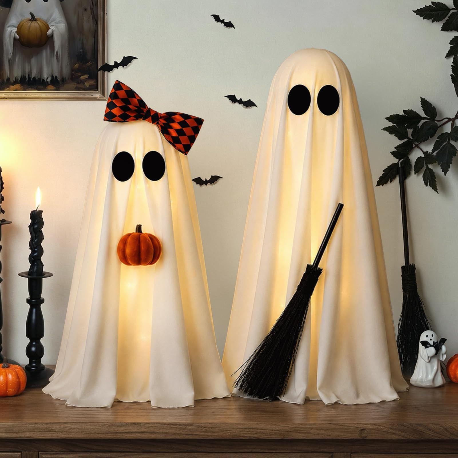 Decorazioni Halloween Per Interni Statuette Decorative Fantasma LED | 2 Statue Spaventose Di Halloween Da Scrivania per Casa Soggiorno Camera da Mensola Portico Finestra Festa