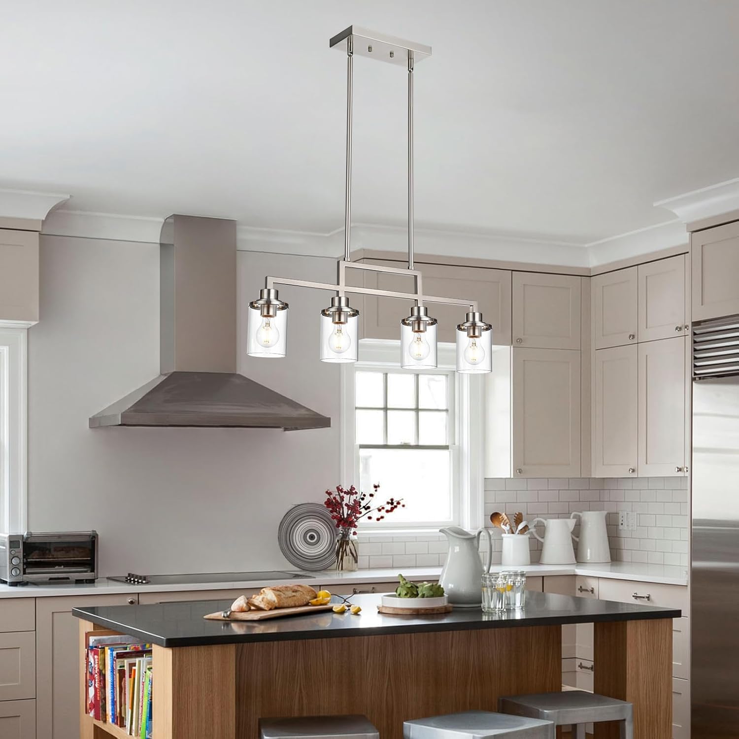 Yaohong 4-Light Brushed Nickel Farmhouse Dining Room Light Fixture, Modern Kitchen Island Chandelier with Clear Glass Shades, Adjustable Ceiling Pendant Lighting for Dining Table and Living Room