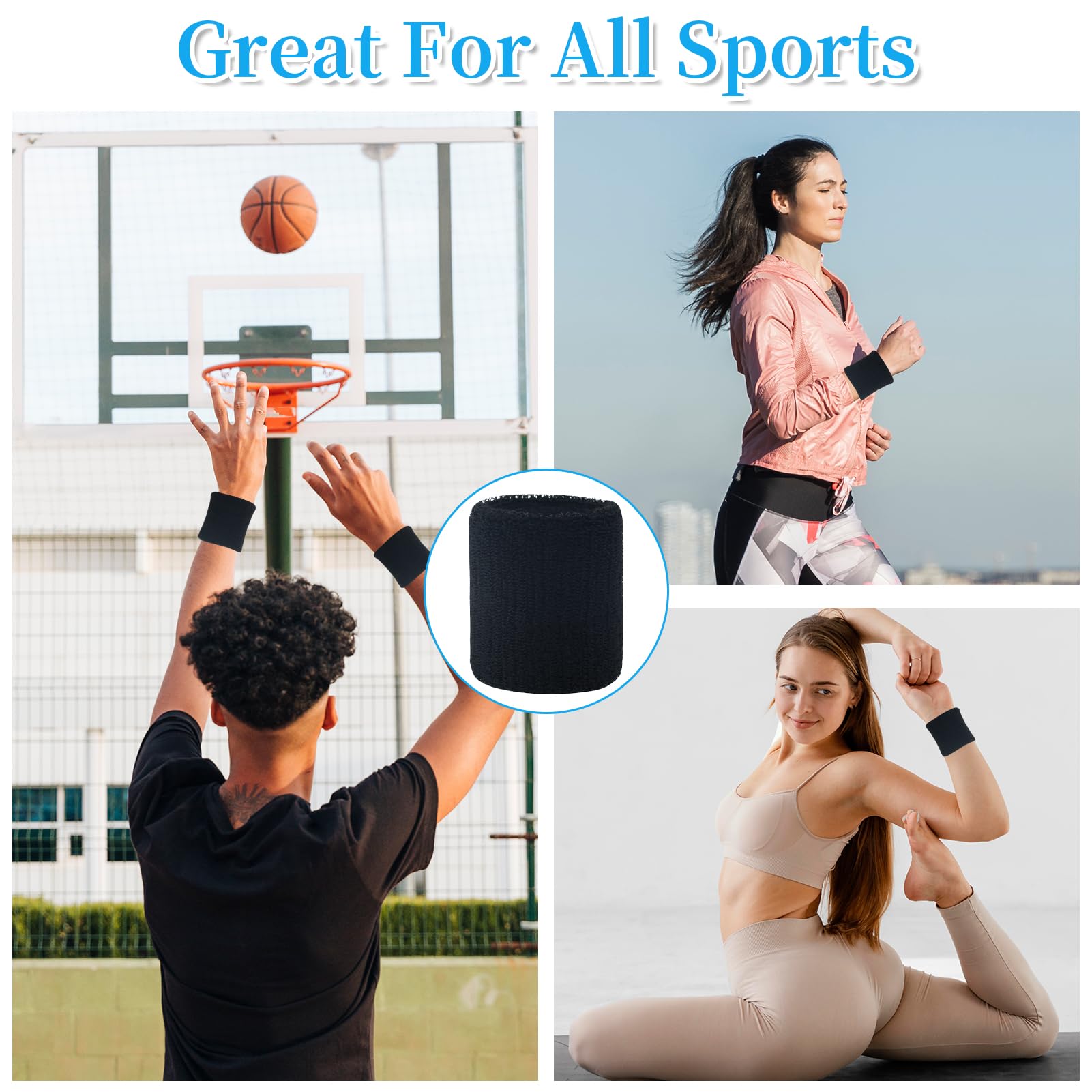 Lot De 4 Bandeaux De Sport Absorbants - Noir, élastique, Pour Homme, Femme, Enfant, Tennis, Running, Fitness
