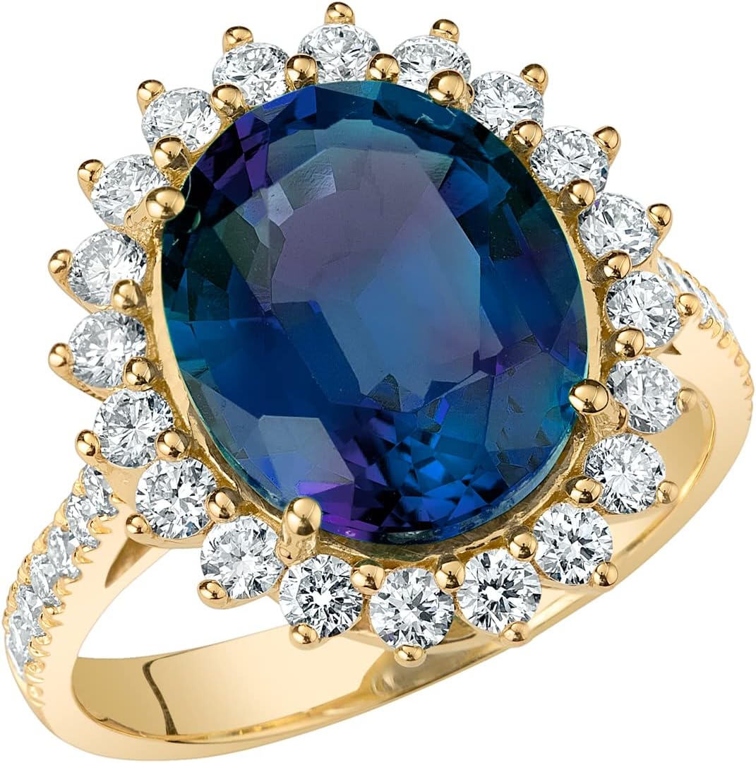 PEORA 6.75 Carats Created Alexandrite Lab Grown Diamond Ring in 14K White or Yellow Gold, Color-Changing Oval Shape, Sizes 4 to 10