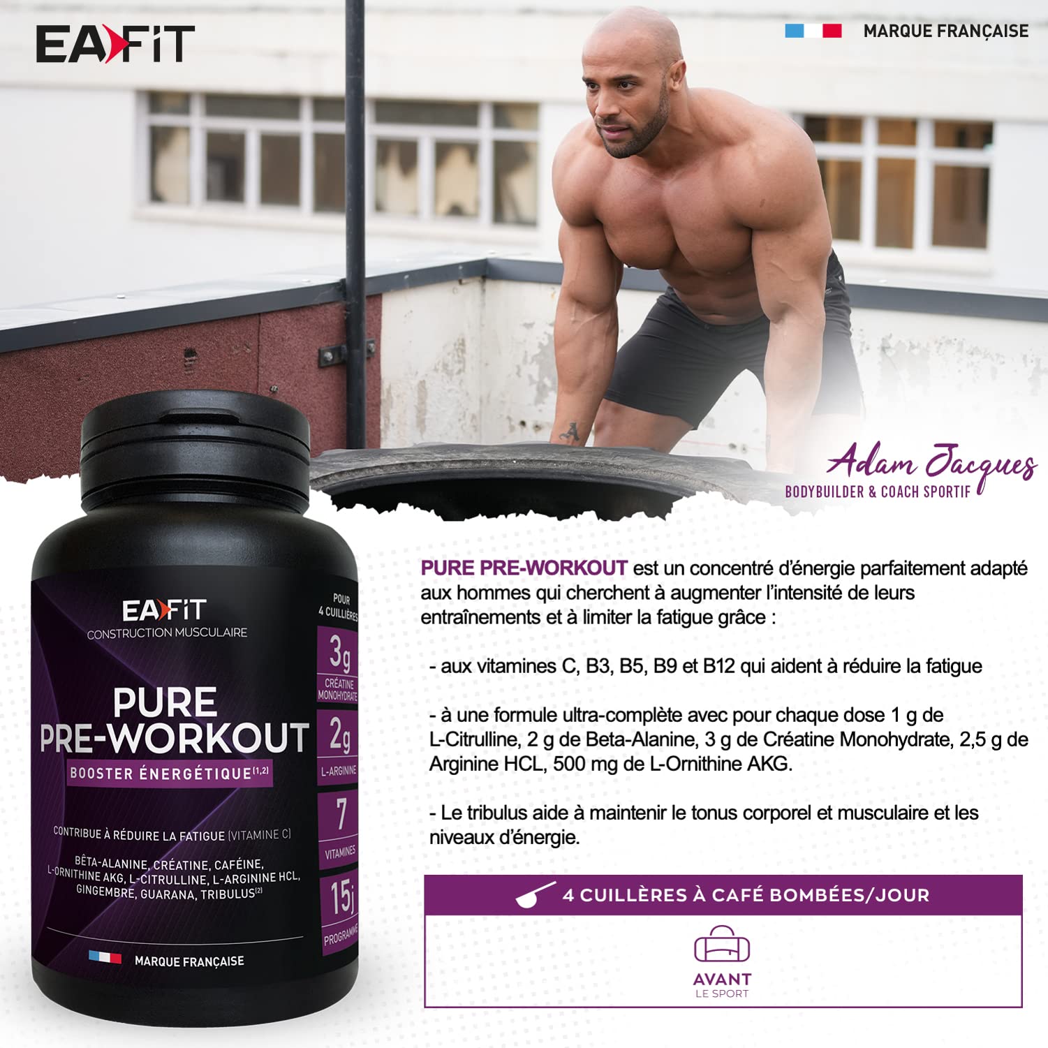 EAFIT Pure Pre-Workout - 330g - Saveur Fruits Rouges - Booster énergétique - Certifié Anti-Dopage | Booster Pre-Workout Energetique, Creatine Et Cafeine Pour La Musculation - Certifie Anti-Dopage, Fruits Rouges, 330 g