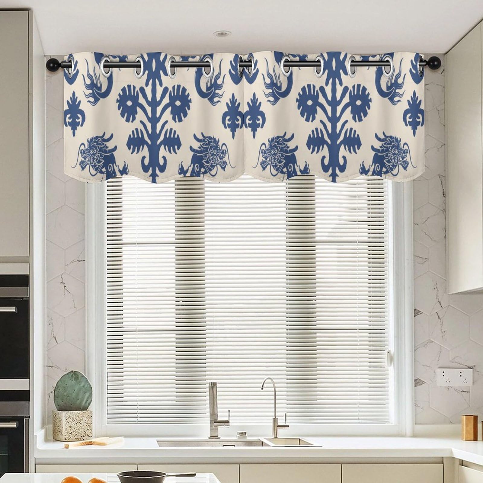 Cenefas tradicionales de granja Blue Regalia, cortinas de ventana de 52 x 18 pulgadas
